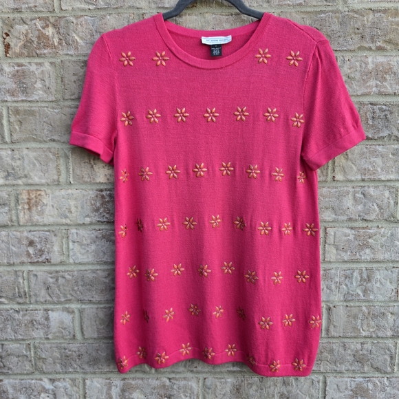 ST JOHN KNIT Collection Sport Coral Pink Floral Bejeweled Short Sleeve Knit Sz 4 - Picture 7 of 10